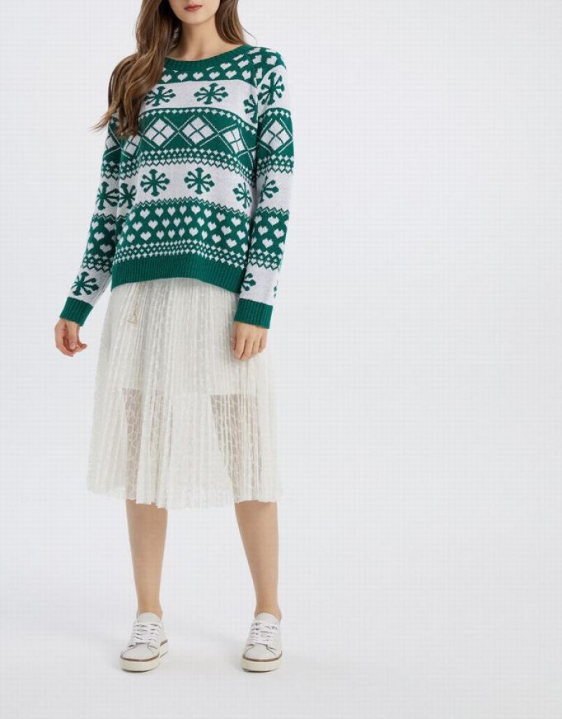 Green Urban Revivo Christmas Snowflake Crew Neck Holiday Women's Sweaters | 49065BDVL