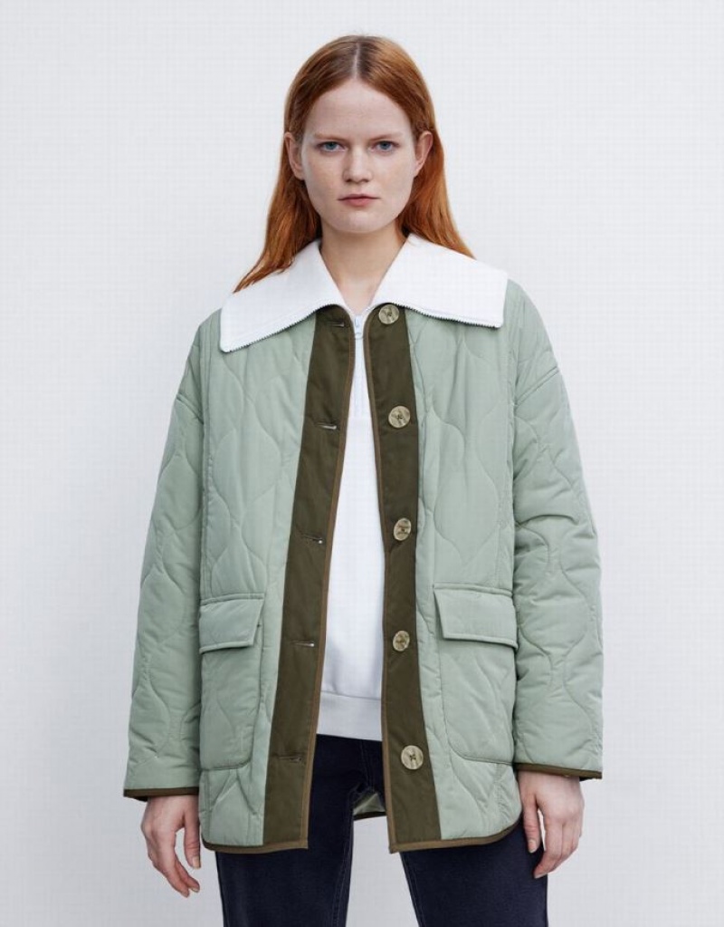 Green Urban Revivo Combination Quilted Women's Puffer Jacket | 19684EZVM