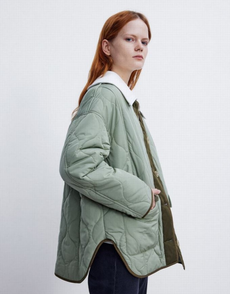 Green Urban Revivo Combination Quilted Women's Puffer Jacket | 19684EZVM