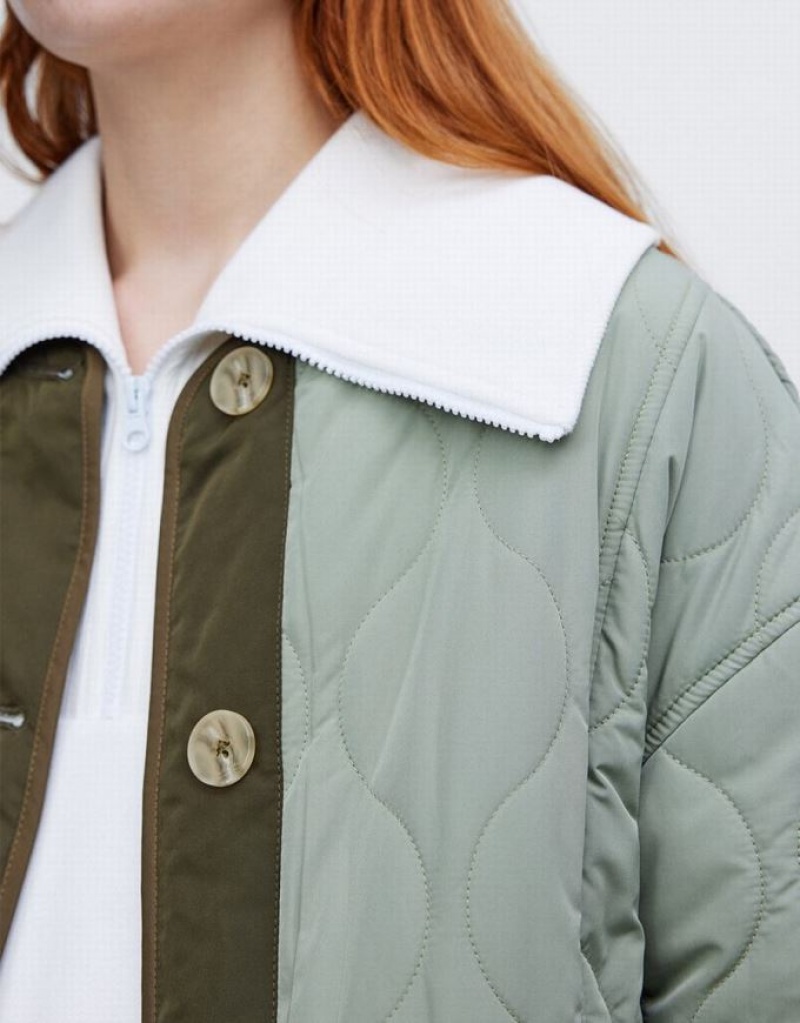 Green Urban Revivo Combination Quilted Women's Puffer Jacket | 19684EZVM