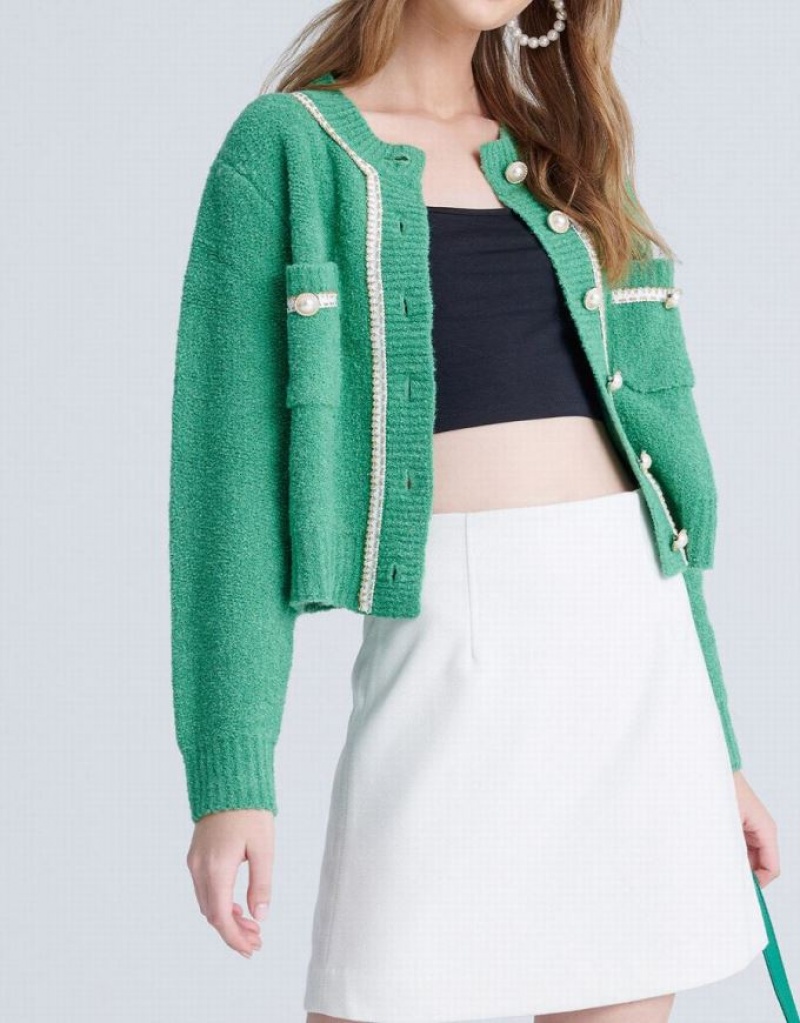 Green Urban Revivo Contrast Trim Faux Pearl Button Women's Cardigan | 37496UJEC