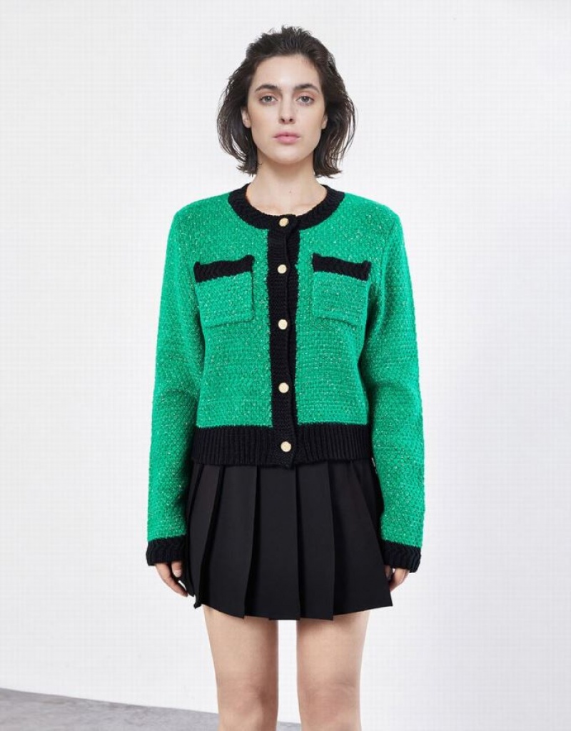 Green Urban Revivo Contrast Trim Patched Pocket Women's Cardigan | 05127AFRU