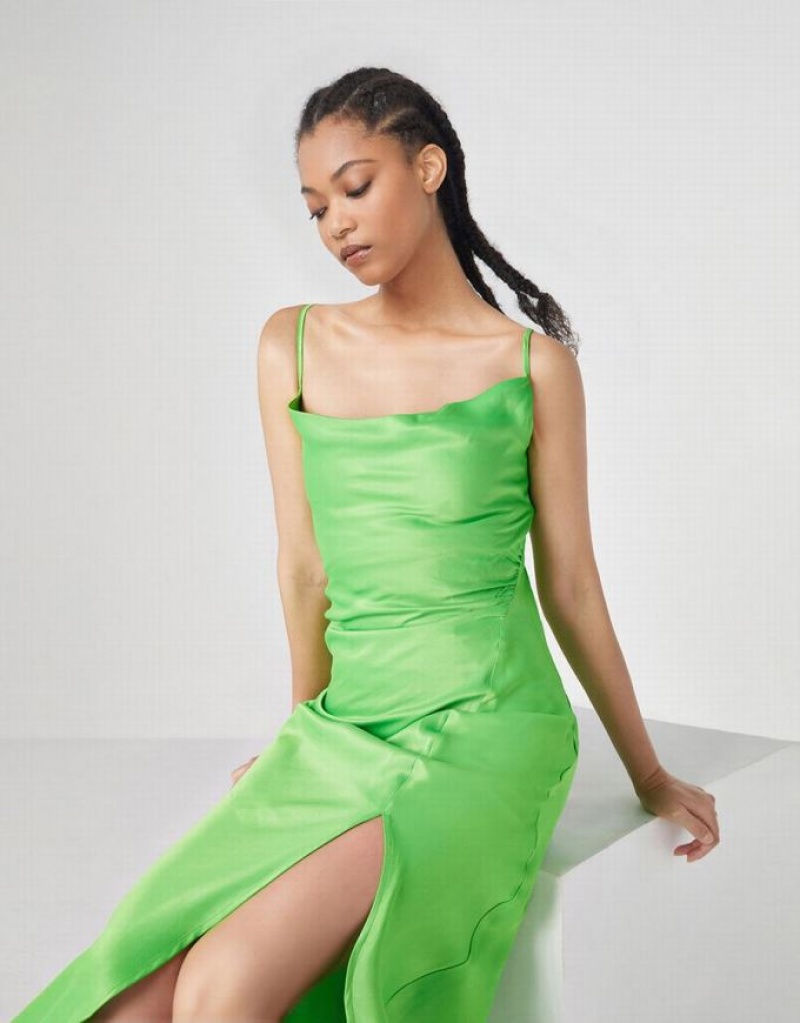 Green Urban Revivo Cowl Neck Split Hem Cami Women's Dress | 75261HSNF