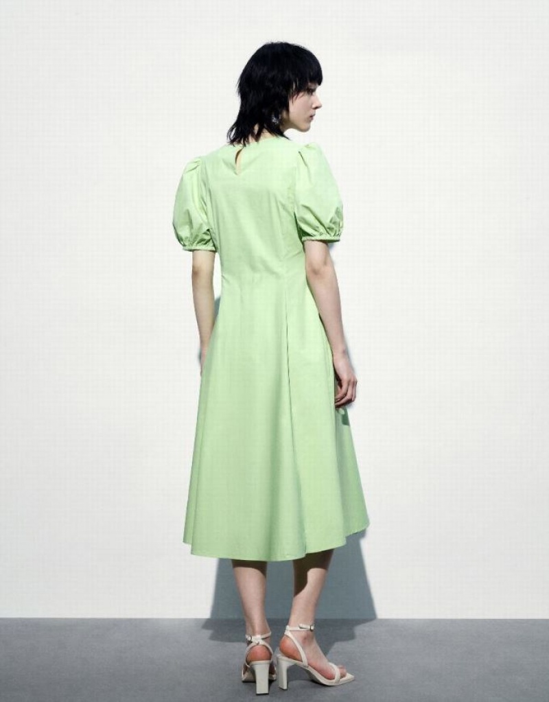 Green Urban Revivo Crew Neck A-Line Women's Dress | 52461OTNI