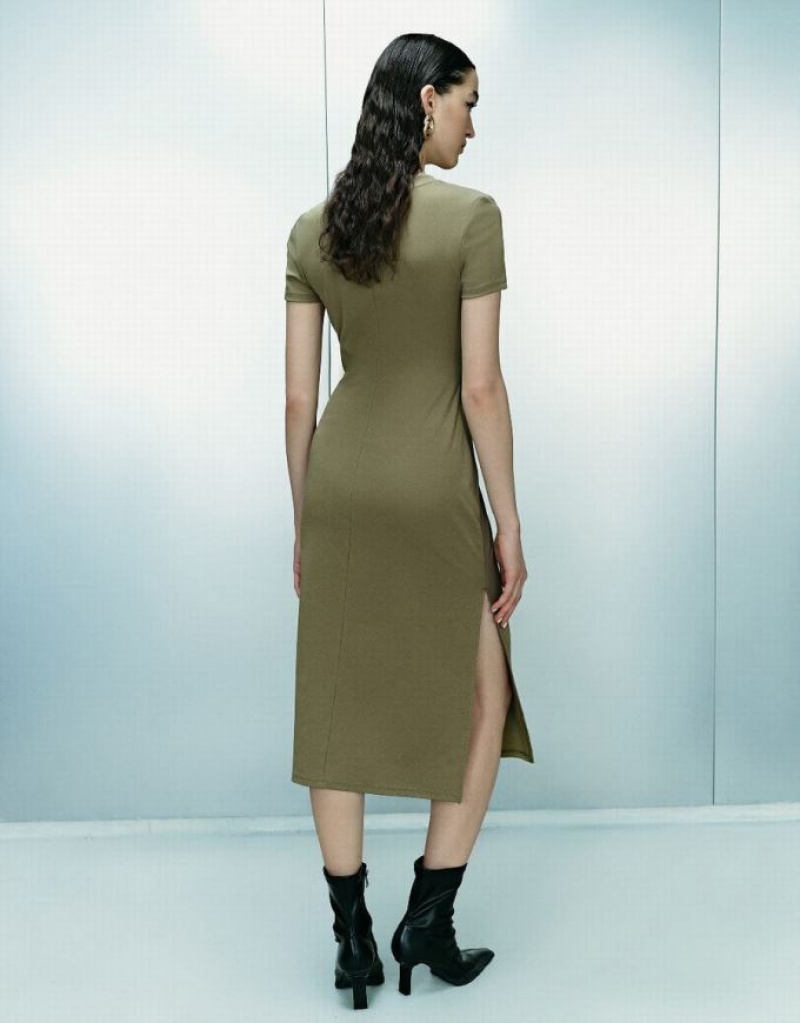 Green Urban Revivo Crew Neck Skinny Women's Dress | 46893GRHV