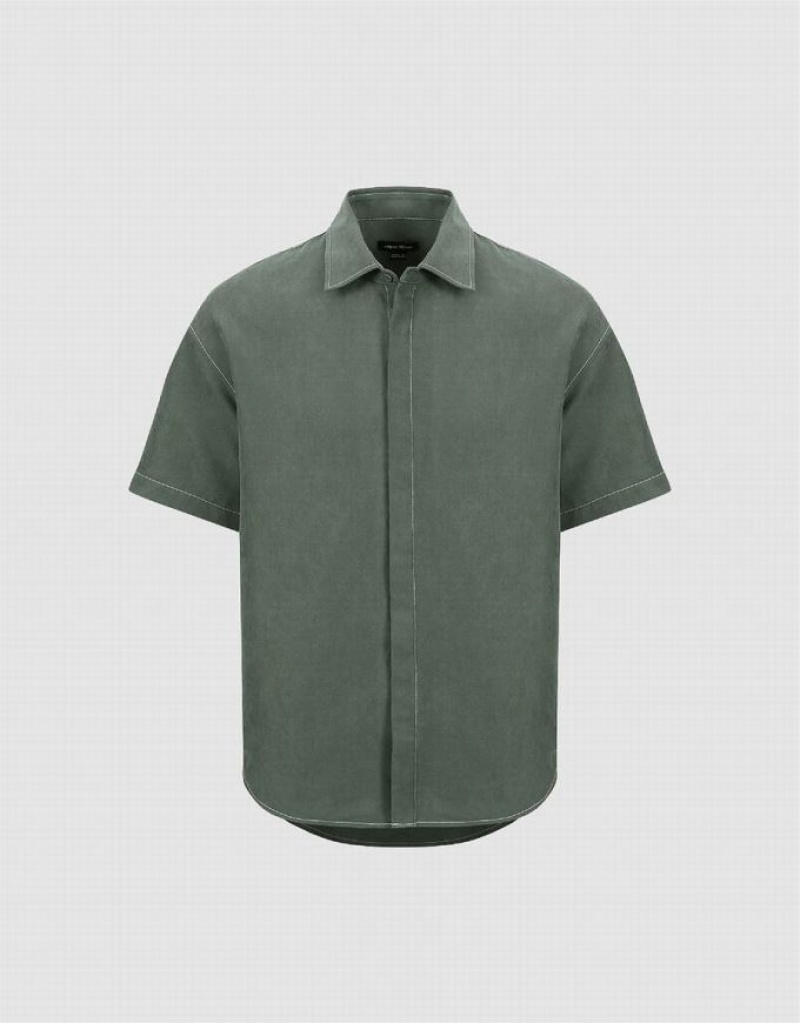 Green Urban Revivo Drop Shoulder Sleeve Loose Men's Shirts | 98052QPYA