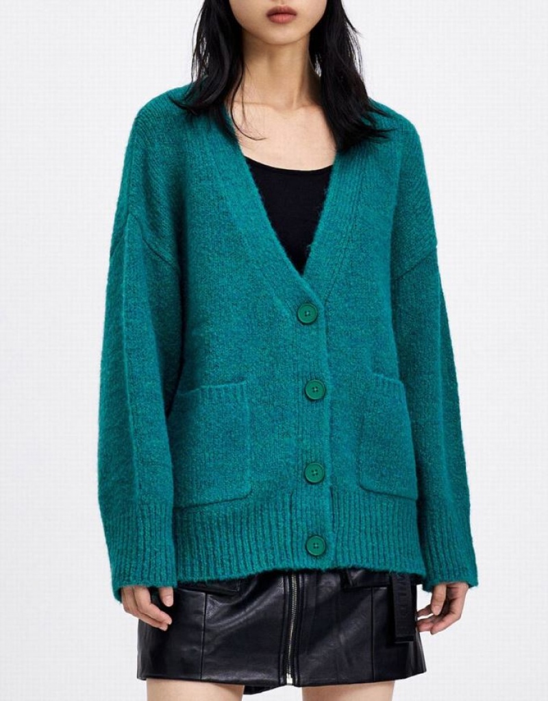 Green Urban Revivo Drop Shoulder Patched Pocket Button Up Women's Cardigan | 97842TBOZ