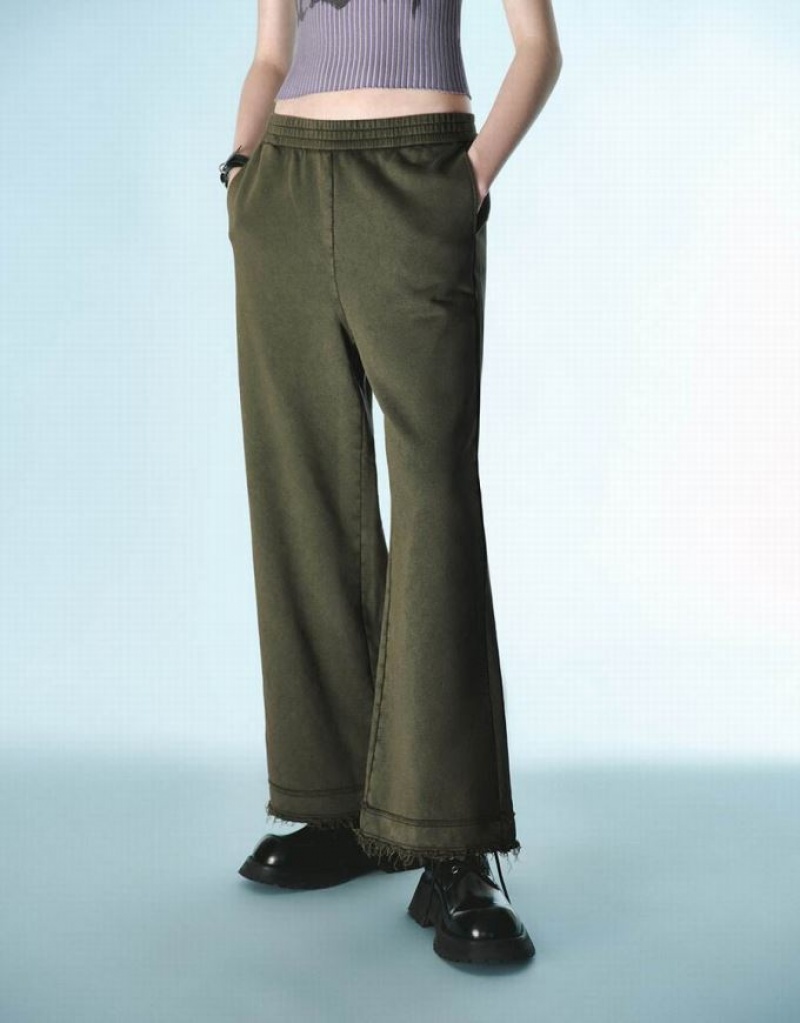 Green Urban Revivo Elastic Waist Knitted Wide-Leg Women's Pants | 67349LOAY