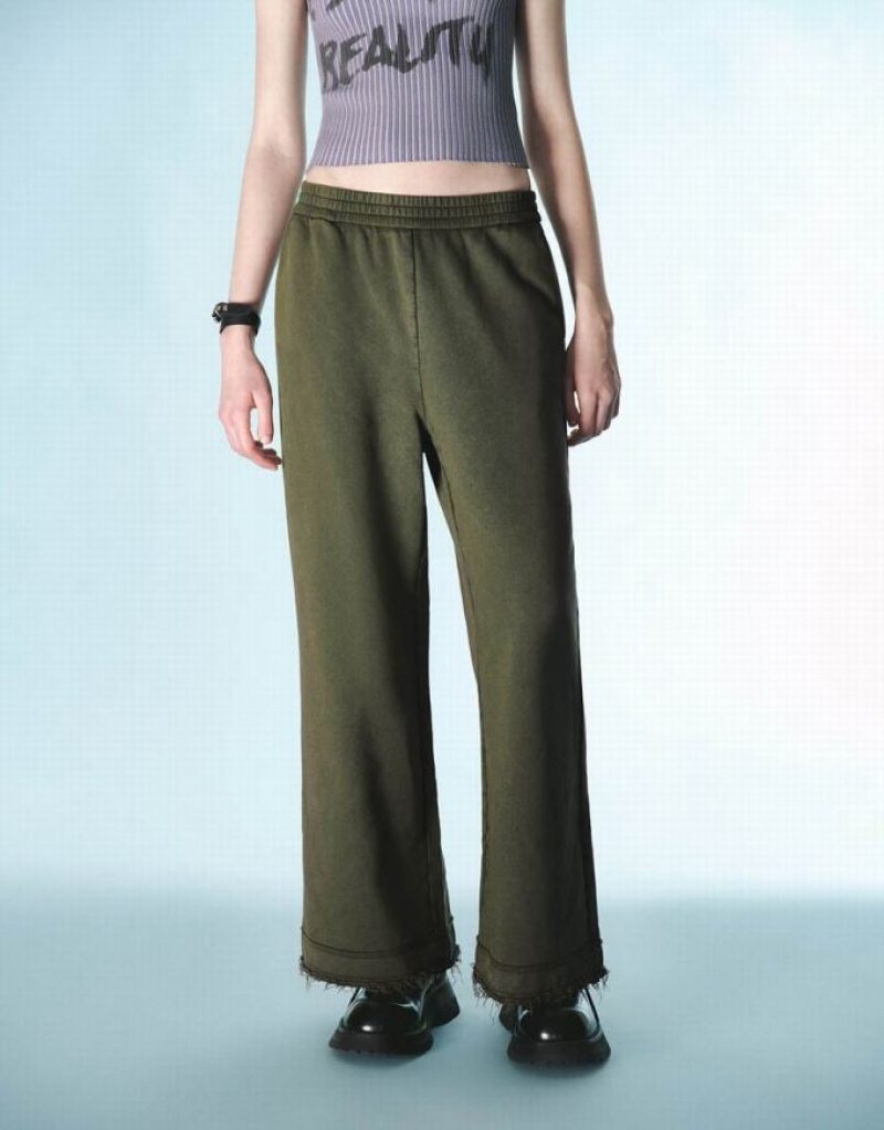 Green Urban Revivo Elastic Waist Knitted Wide-Leg Women's Pants | 67349LOAY