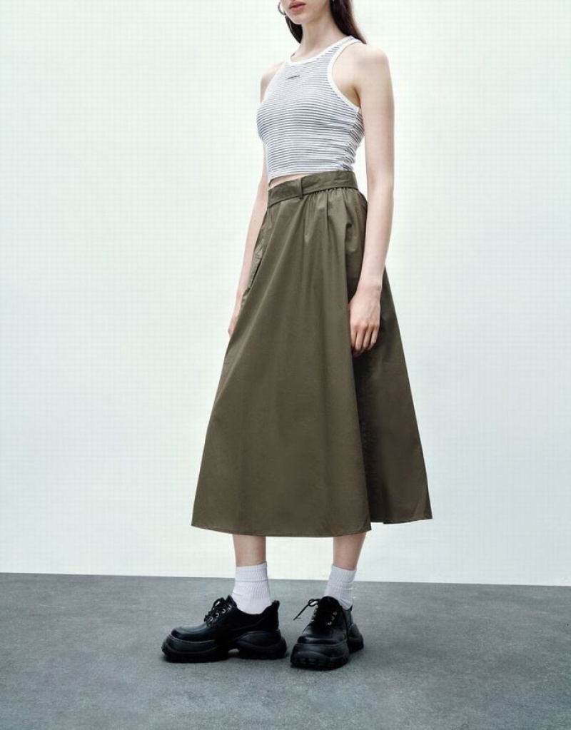 Green Urban Revivo Elastic Waist Midi A-Line Women's Skirts | 96281EIJQ