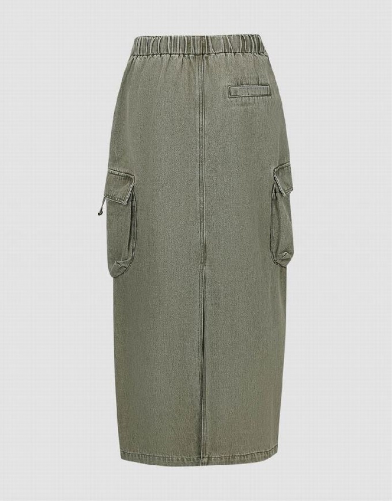 Green Urban Revivo Elastic Waist Straight Women's Denim Skirt | 86492LOTB