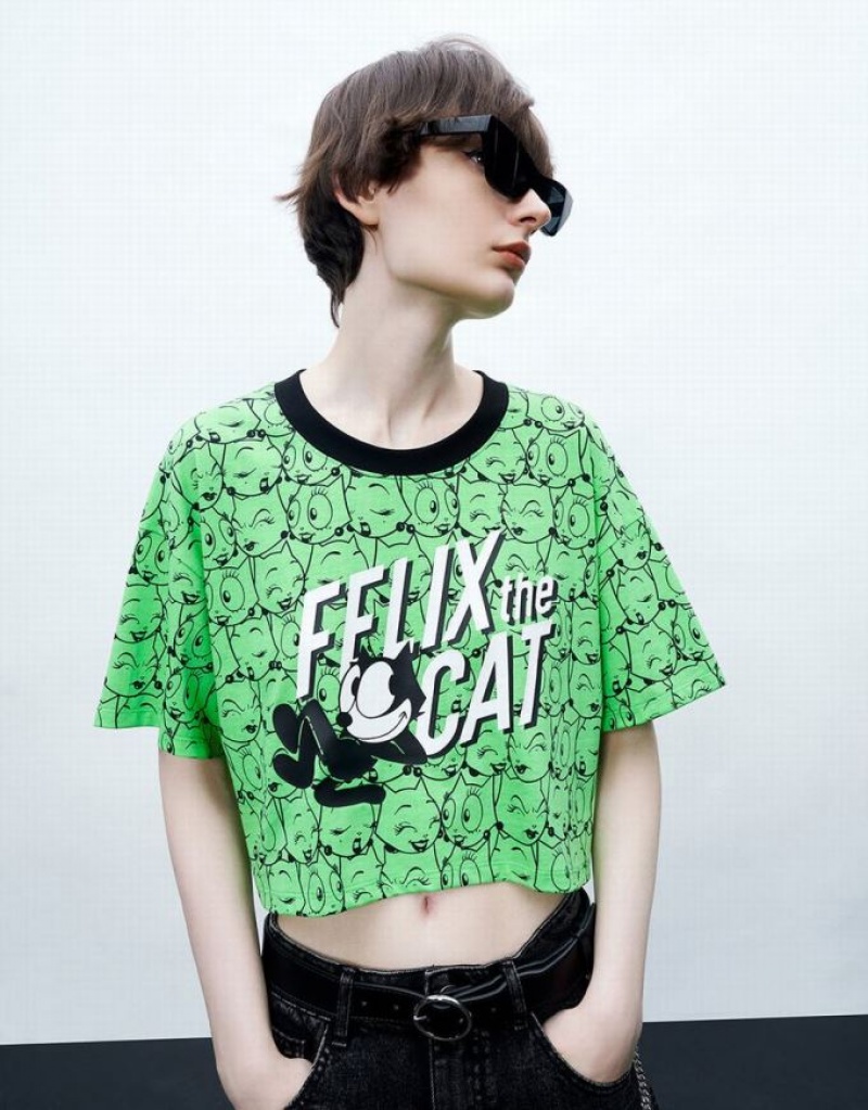 Green Urban Revivo Felix The Cat Printed Crew Neck Women's T-Shirts | 09548ZCJX