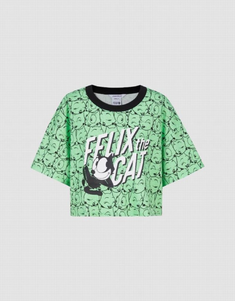 Green Urban Revivo Felix The Cat Printed Crew Neck Women's T-Shirts | 09548ZCJX