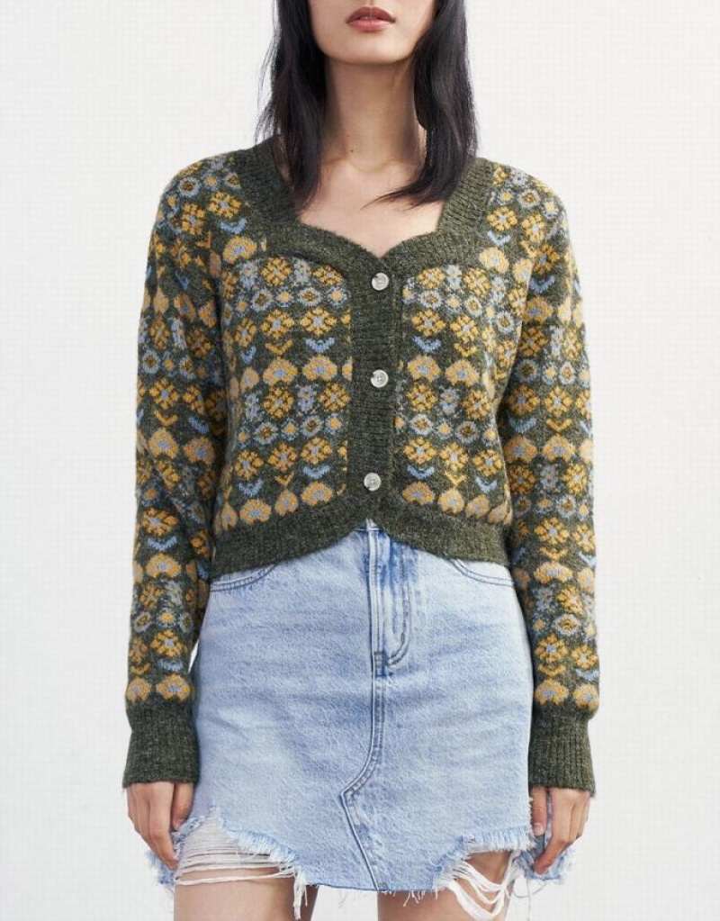 Green Urban Revivo Floral Button Up Women's Cardigan | 83691TMIZ