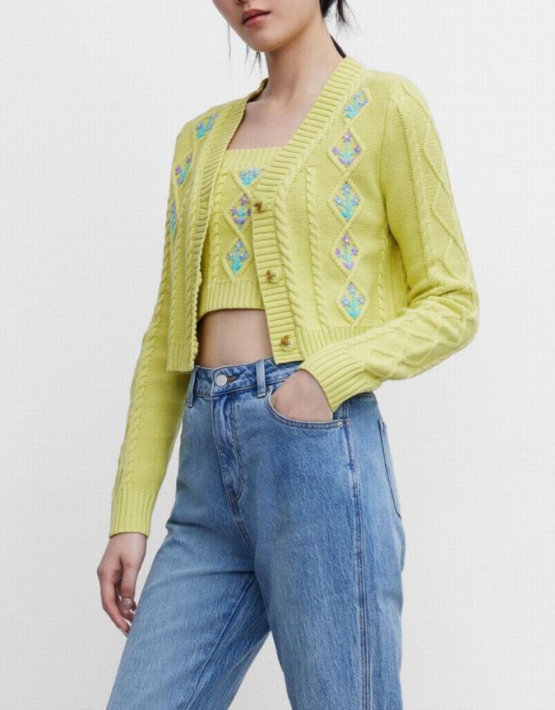 Green Urban Revivo Floral Embroidery Cable Knit Women's Cardigan | 87329MTWY