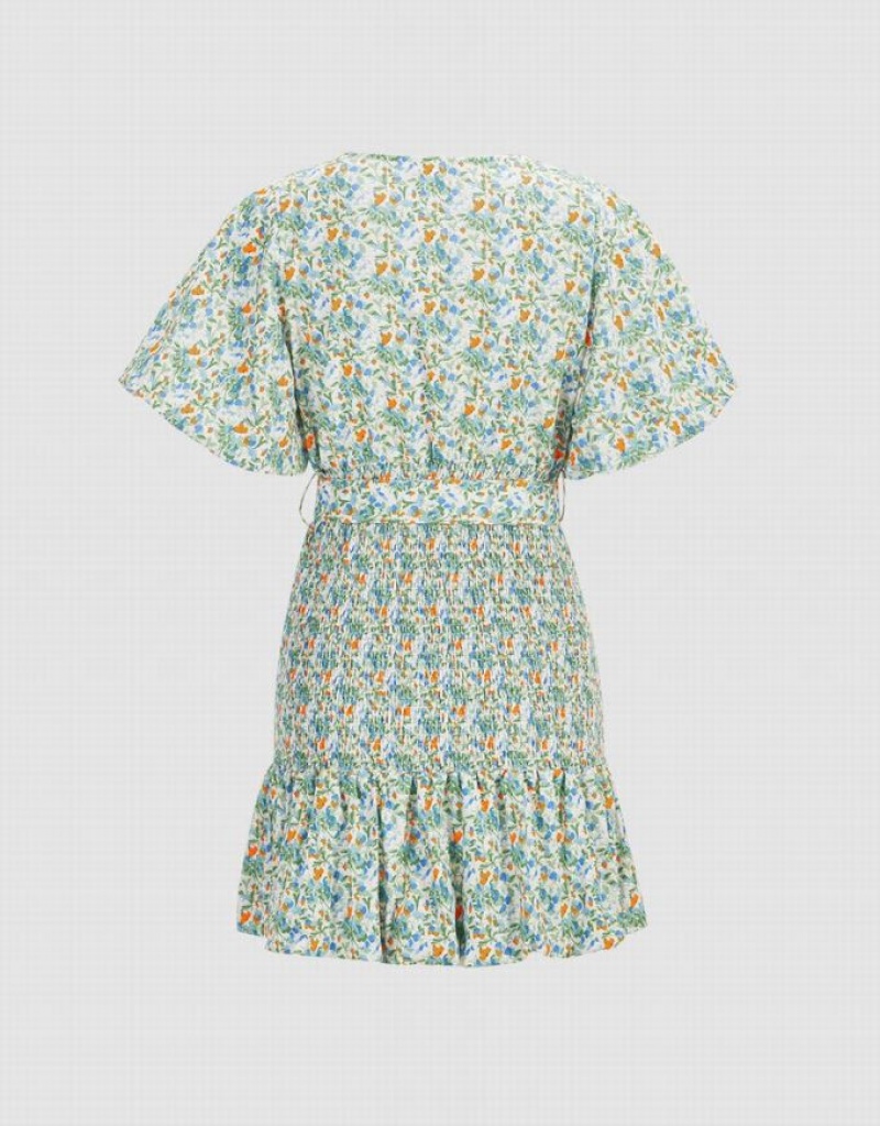 Green Urban Revivo Floral Print Shirred Belted Women's Casual Dress | 84732UPWM