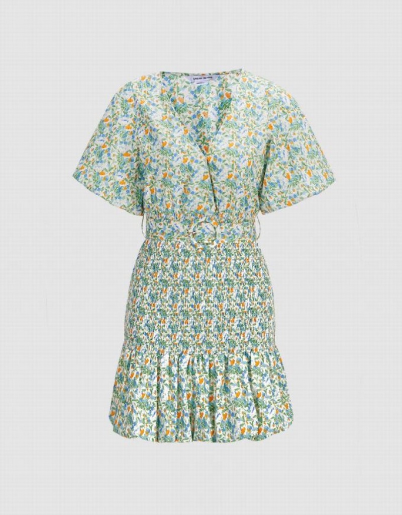 Green Urban Revivo Floral Print Shirred Belted Women\'s Casual Dress | 84732UPWM