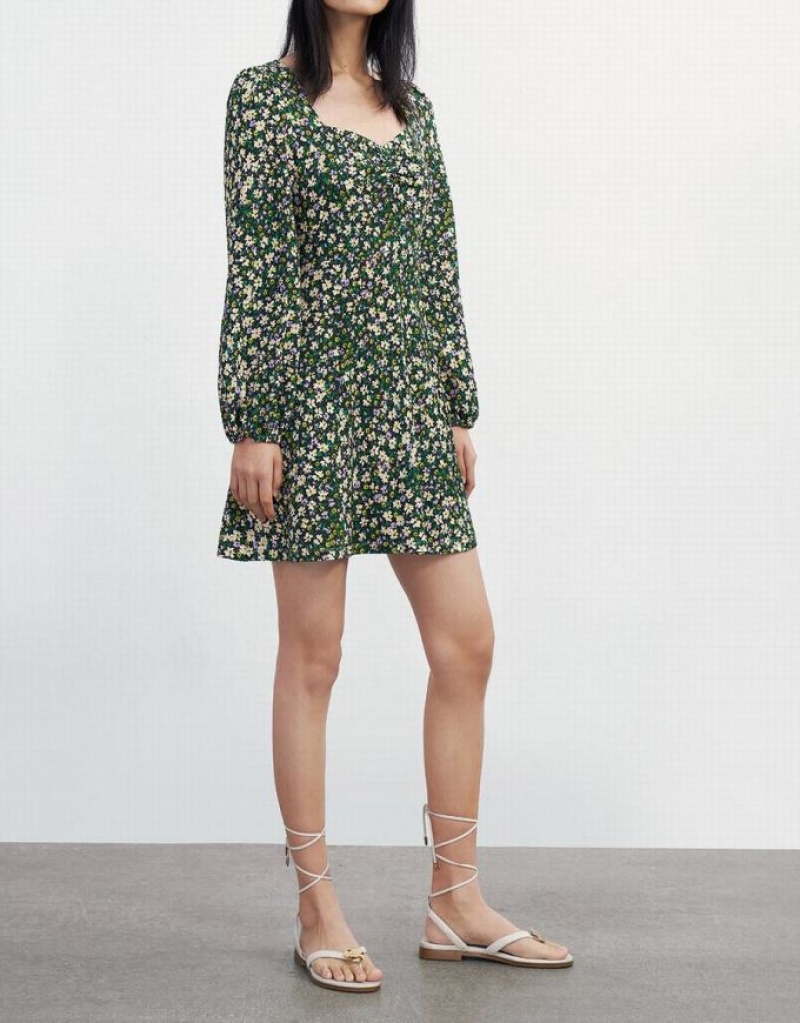 Green Urban Revivo Floral Print Sweetheart Long Sleeve Women's Casual Dress | 20153ZELO