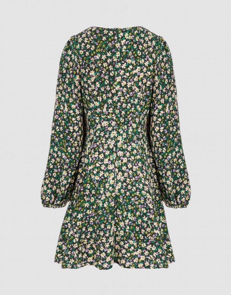 Green Urban Revivo Floral Print Sweetheart Long Sleeve Women's Casual Dress | 20153ZELO