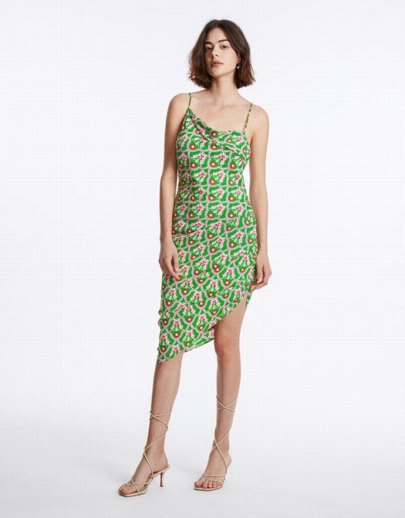 Green Urban Revivo Floral Ruched Cami Women's Dress | 31408KJMY