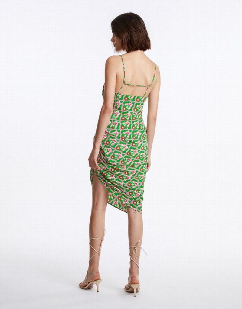 Green Urban Revivo Floral Ruched Cami Women's Dress | 31408KJMY