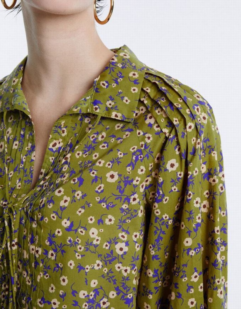 Green Urban Revivo Floral Tie Front Women's Blouse | 96402THOX