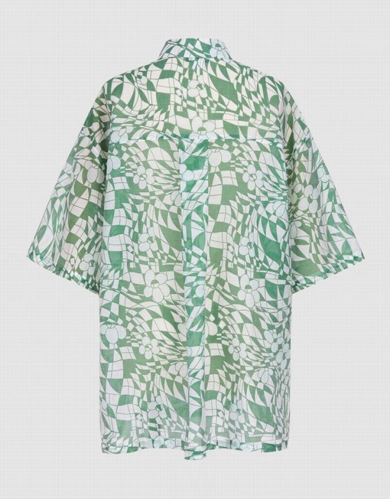 Green Urban Revivo Geometric Print Short Sleeve Women's Shirts | 07528DTKC