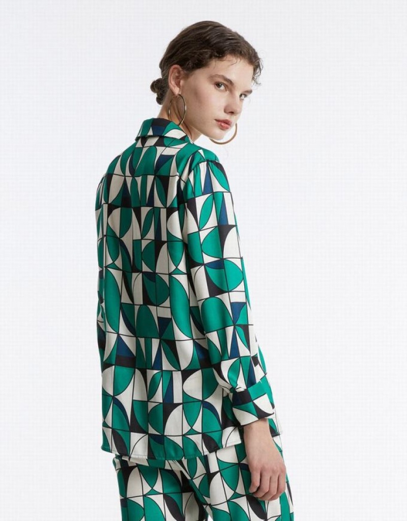 Green Urban Revivo Geometric Print Women's Shirts | 29405DPBX