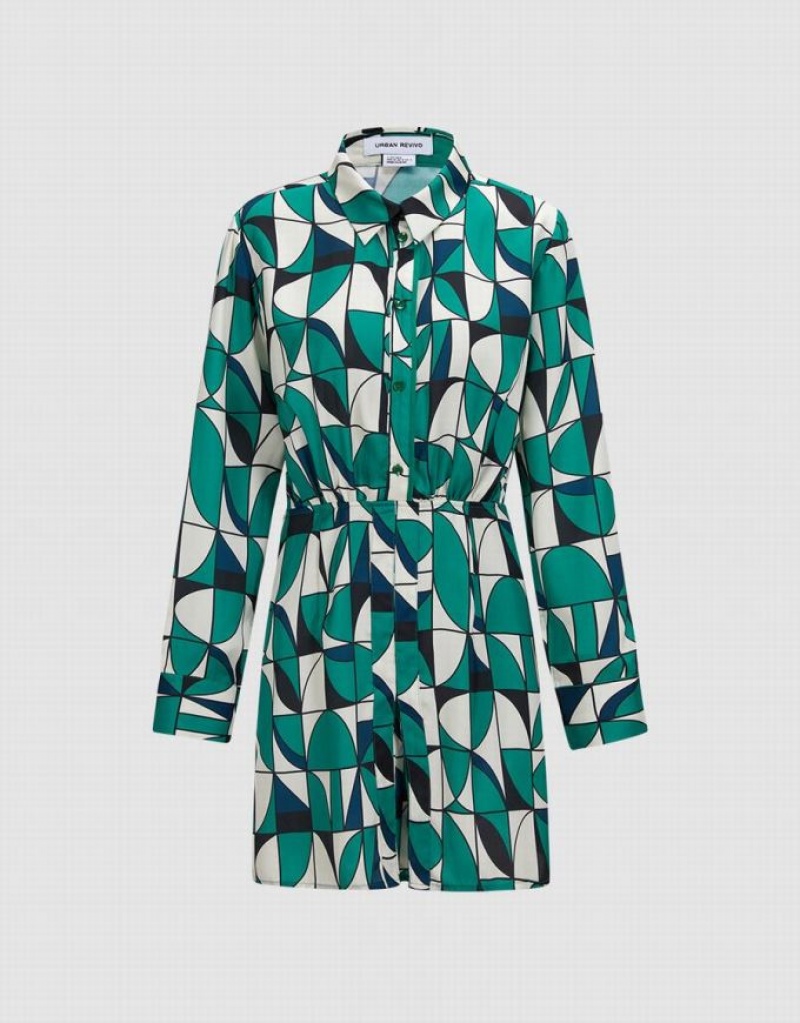 Green Urban Revivo Geometric Print Women's Shirt Dress | 43298JXLN