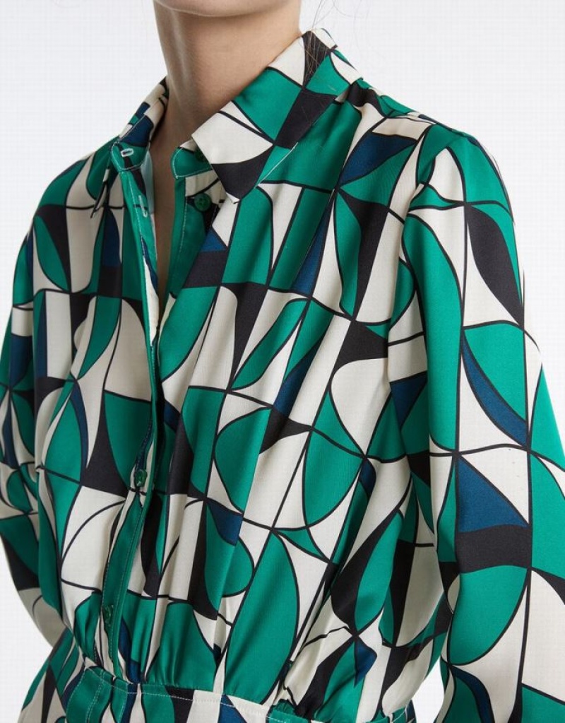 Green Urban Revivo Geometric Print Women's Shirt Dress | 43298JXLN