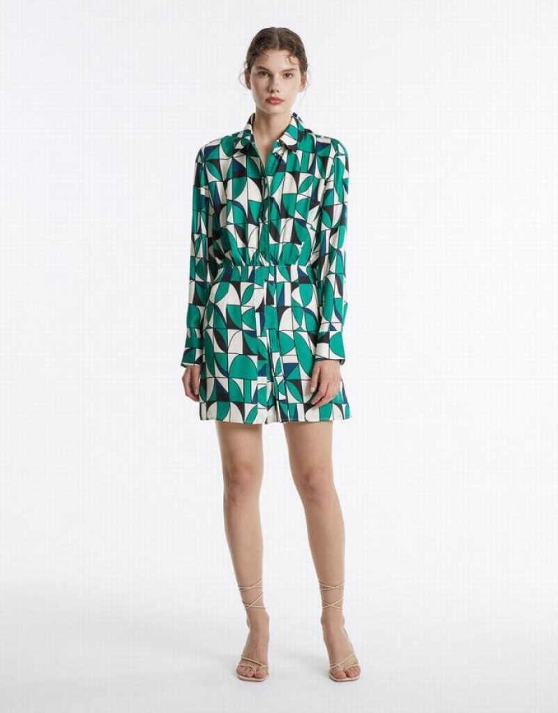 Green Urban Revivo Geometric Print Women's Shirt Dress | 43298JXLN