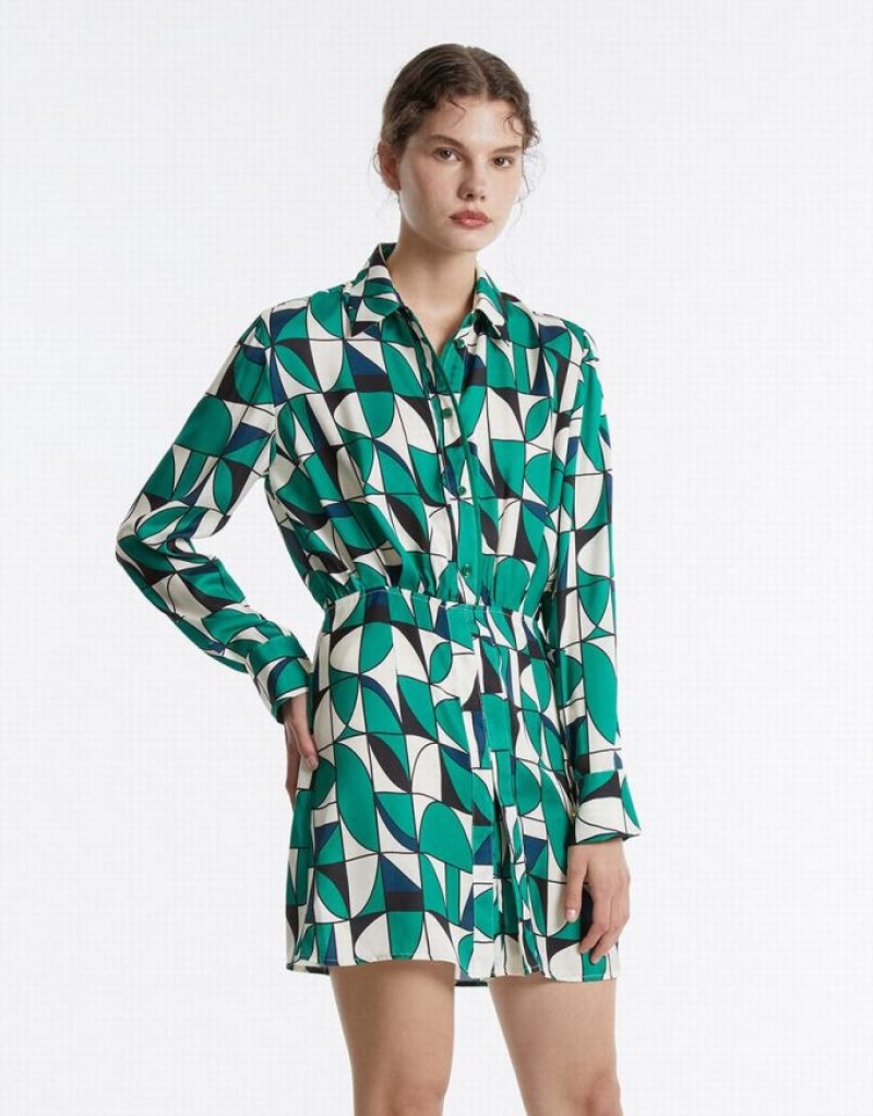 Green Urban Revivo Geometric Print Women\'s Shirt Dress | 43298JXLN