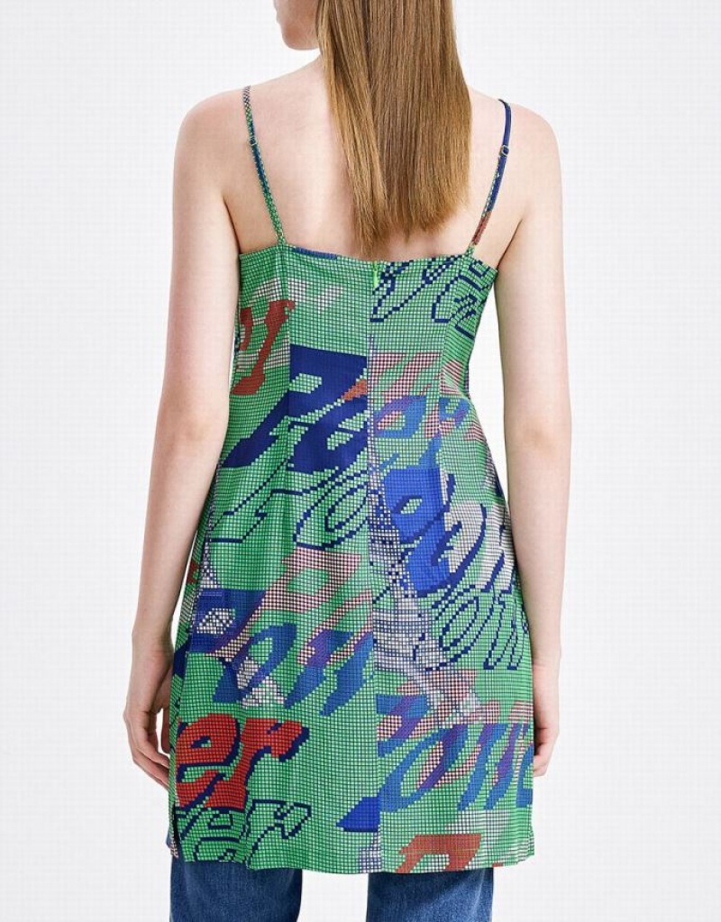 Green Urban Revivo Graffiti Print Cami Mini Women's Mini Dress | 75698CYHF