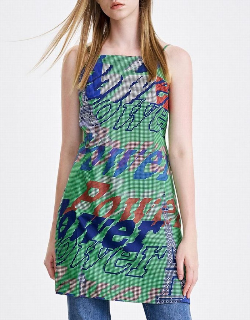 Green Urban Revivo Graffiti Print Cami Mini Women's Mini Dress | 75698CYHF