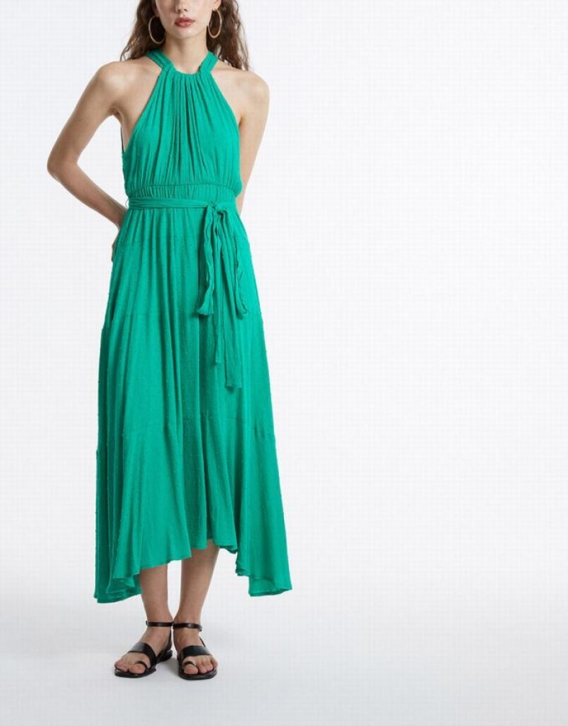 Green Urban Revivo Halter Belted Sleeveless Maxi Women's Maxi Dress | 02851VLNQ