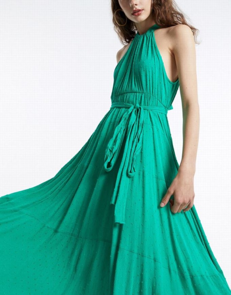 Green Urban Revivo Halter Belted Sleeveless Maxi Women's Maxi Dress | 02851VLNQ