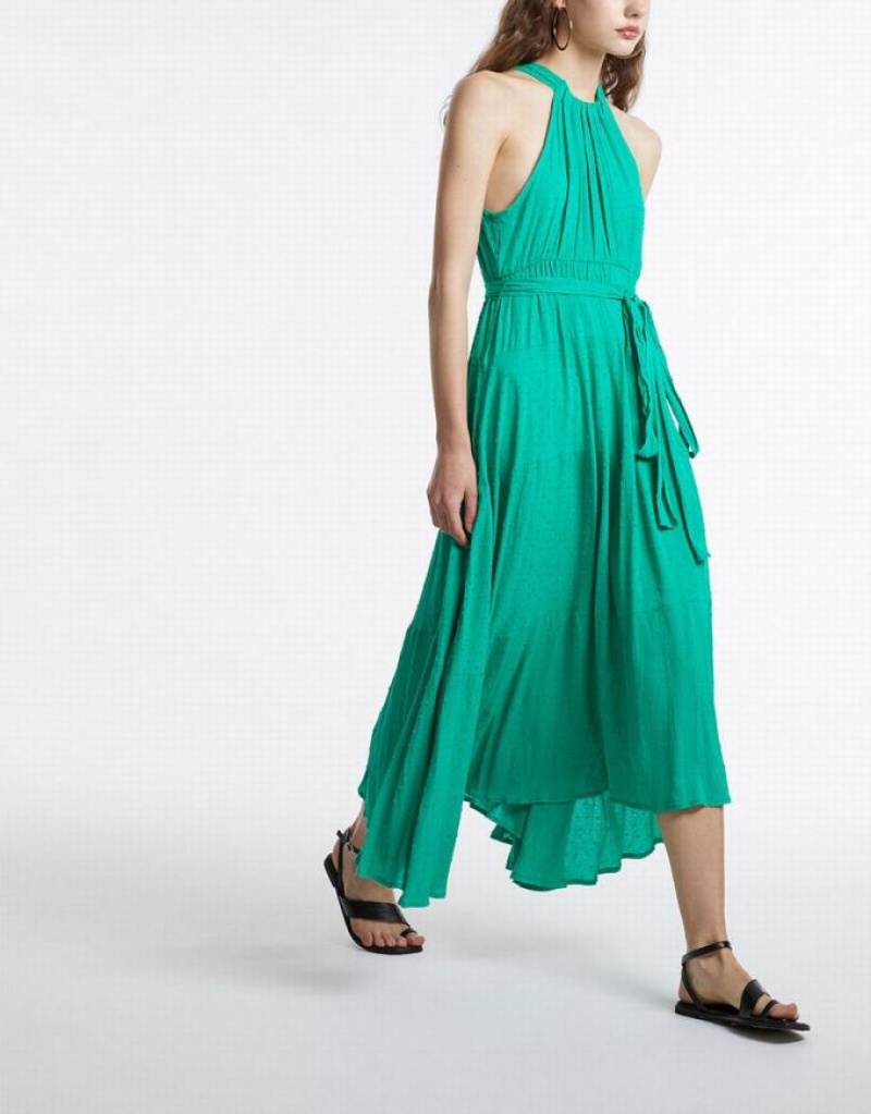 Green Urban Revivo Halter Belted Sleeveless Maxi Women's Maxi Dress | 02851VLNQ