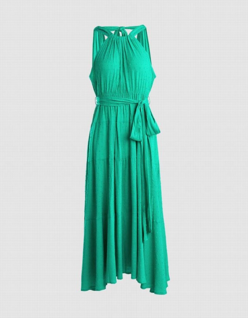 Green Urban Revivo Halter Belted Sleeveless Maxi Women\'s Maxi Dress | 02851VLNQ