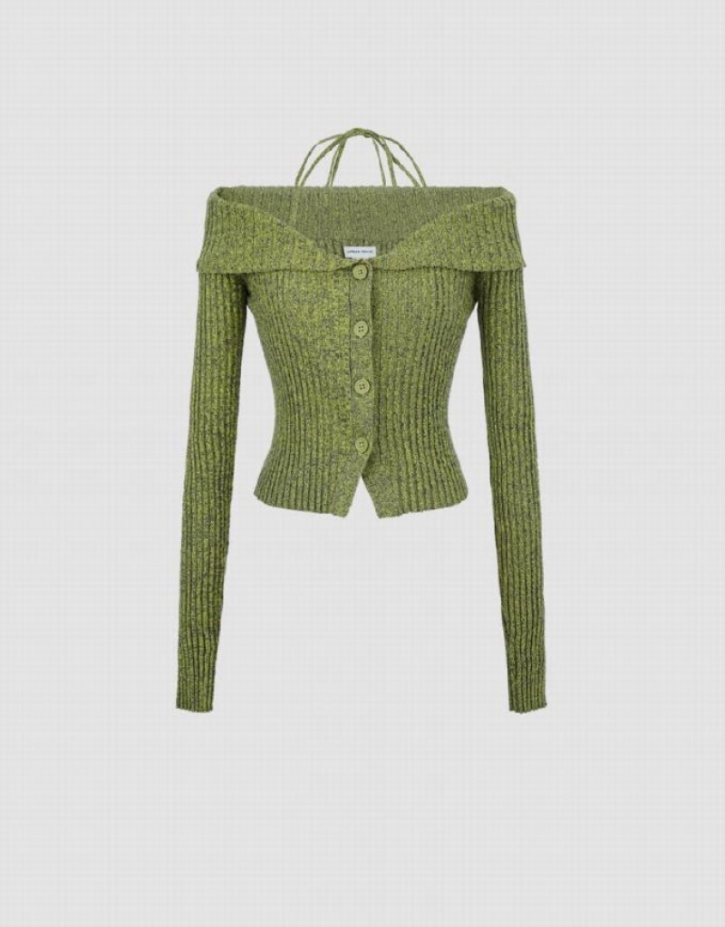 Green Urban Revivo Halter Neck Off-Shoulder Knitted Women's Cardigan | 64725GOUA