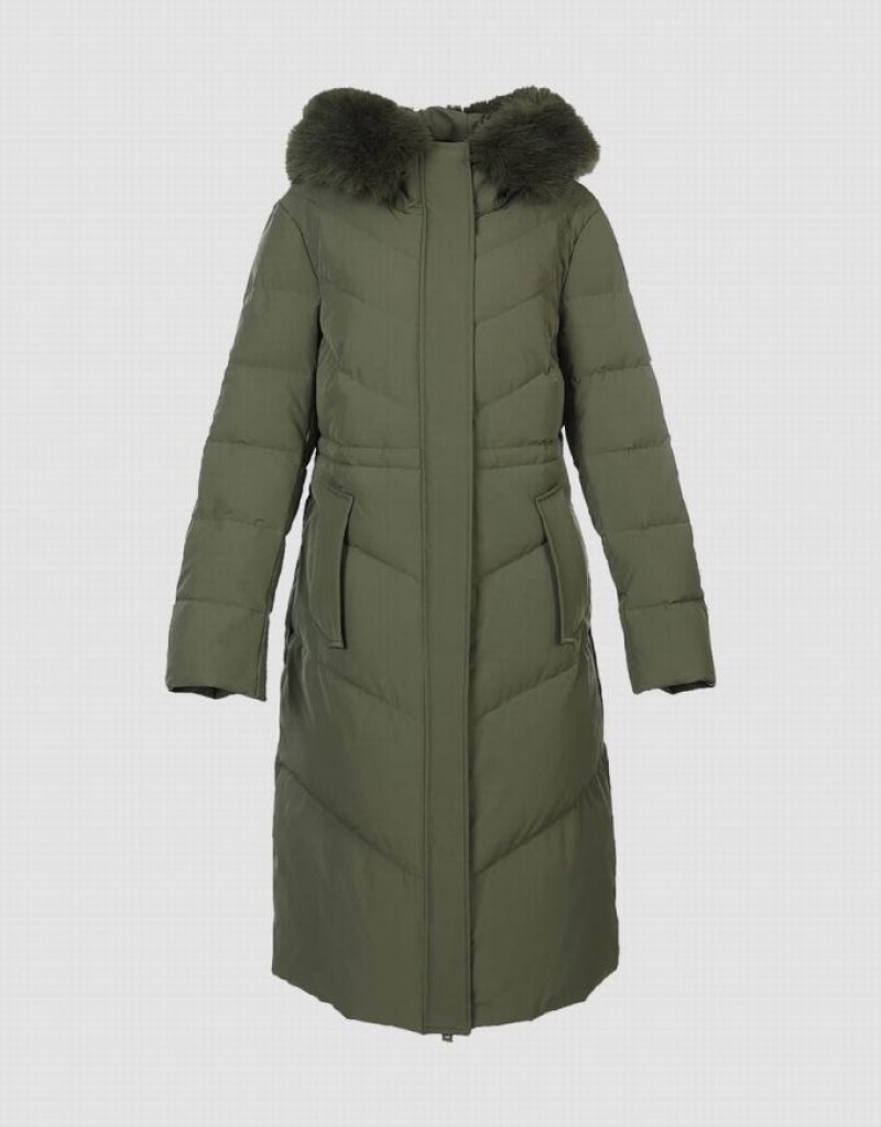 Green Urban Revivo Hooded A-Line With Detachable Furry Collar Women's Down Jackets | 97023YMEL