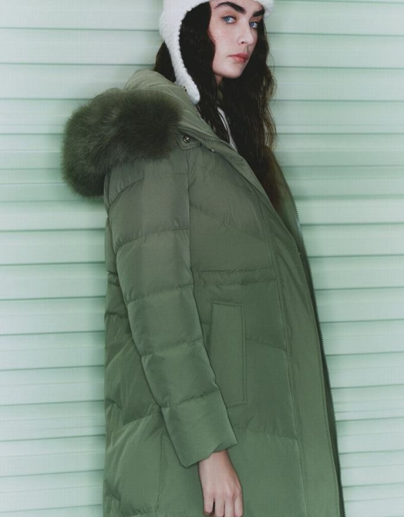 Green Urban Revivo Hooded A-Line With Detachable Furry Collar Women's Down Jackets | 97023YMEL