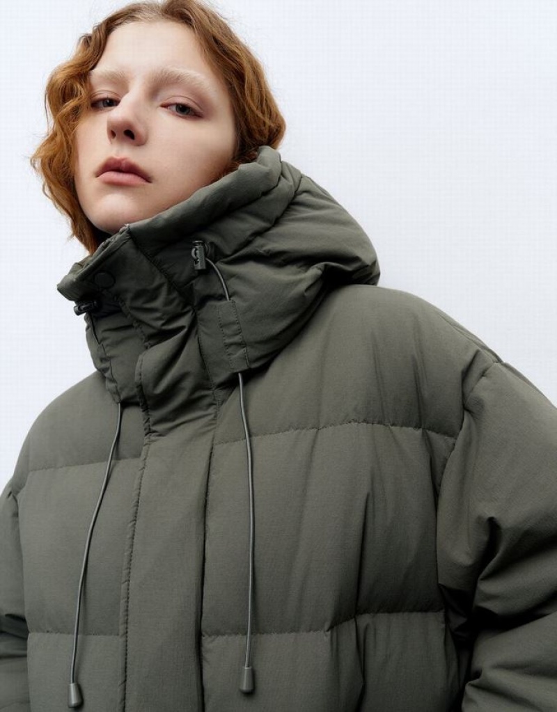 Green Urban Revivo Hooded A-Line Women's Puffer Jacket | 04635TRCI