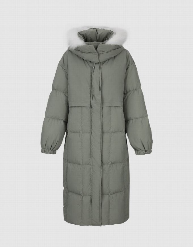 Green Urban Revivo Hooded Straight Women's Down Jackets | 78163XQYW