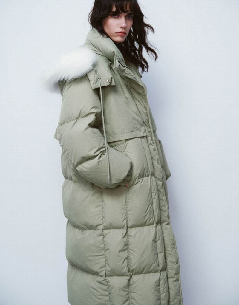 Green Urban Revivo Hooded Straight Women's Down Jackets | 78163XQYW