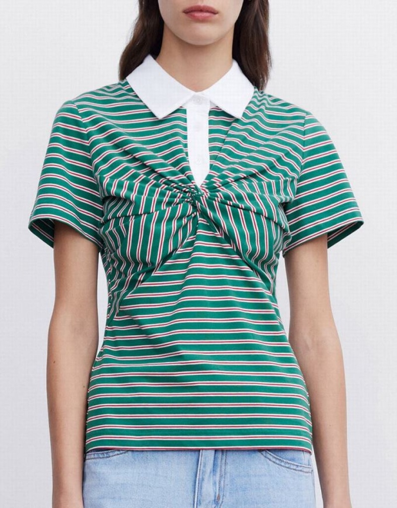 Green Urban Revivo Knotted Detail Striped Women's Polo Shirts | 79023ZMPY