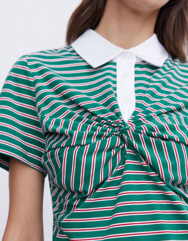 Green Urban Revivo Knotted Detail Striped Women's Polo Shirts | 79023ZMPY