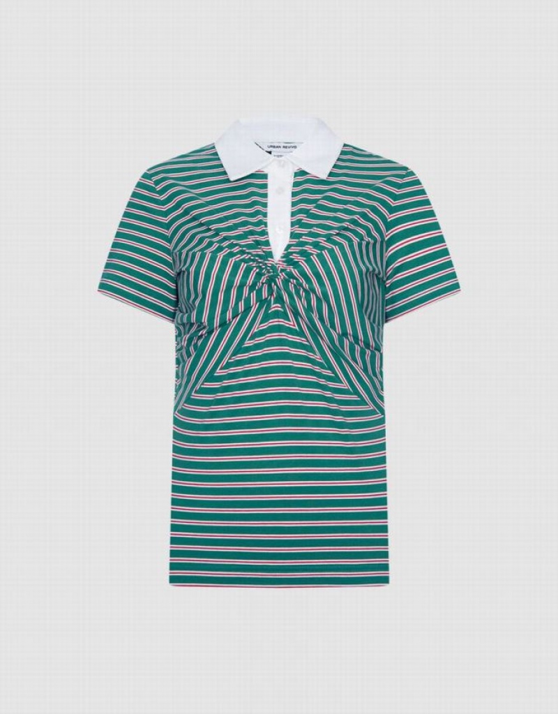 Green Urban Revivo Knotted Detail Striped Women\'s Polo Shirts | 79023ZMPY