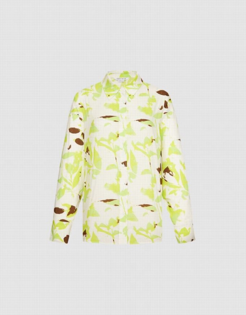 Green Urban Revivo Leaf Print Button Up Women's Shirts | 61397PFDC