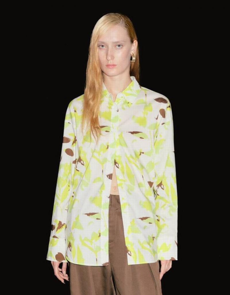 Green Urban Revivo Leaf Print Button Up Women's Shirts | 61397PFDC