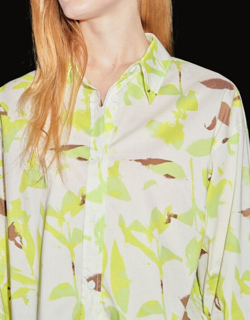 Green Urban Revivo Leaf Print Button Up Women's Shirts | 61397PFDC